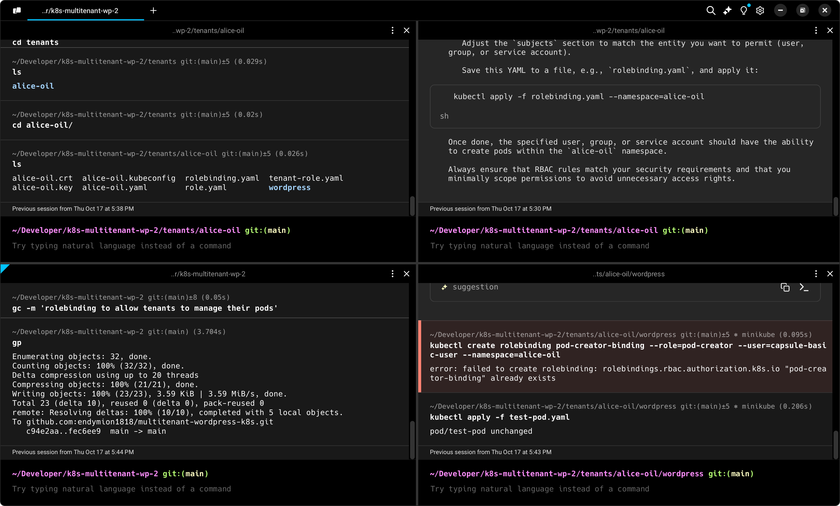 The Warp terminal multiplexing four terminal emulators